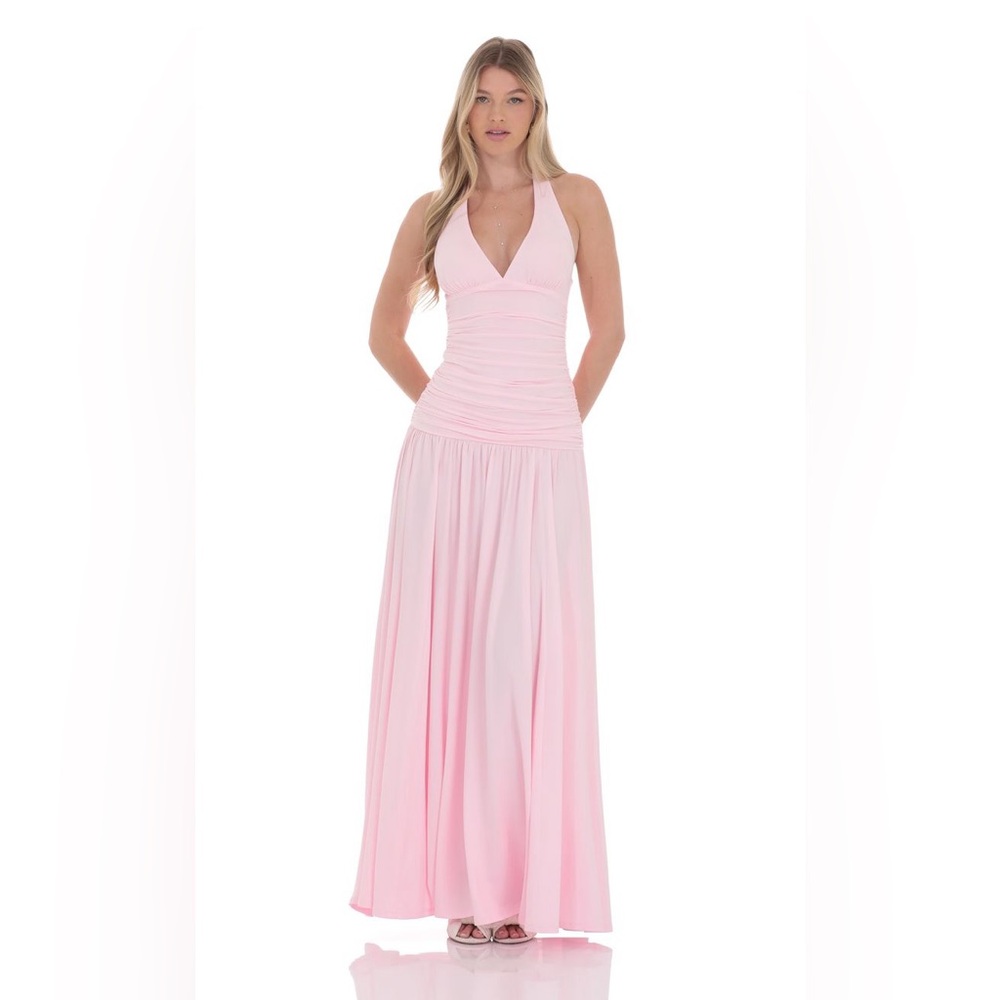 lucy in the sky pink halter drop waist valentine’s day maxi dress